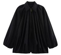 Generico Balloon Sleeve Jacket For Women, Womens Puffed Bomber Jacket, Casual Batwing Sleeve Lapel Collar Zip Shirts (Black,L)