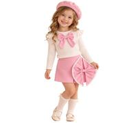 Generico Bambina Completo Tre Pezzi Fiocco Frontale Gonna Arricciata Beret | Set Coordinato Casacca Voluminosa, Outfit Giovanile, Stile Romantico Scenico, Abito Festa, Per Recite Scolastiche