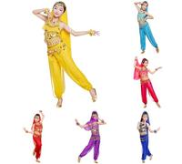 Generico Bambina Costume per Danza del Ventre Ragazza Set 3 Pezzi Crop Top con Paillettes Nappe Pantaloni Lunghi in Chiffon Catena in Vita Vestito Danza Ventre Belly Dancewaer