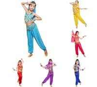 Generico Bambina Costume per Danza del Ventre Ragazza Set 3 Pezzi Crop Top con Paillettes Nappe Pantaloni Lunghi in Chiffon Catena in Vita Vestito Danza Ventre Belly Dancewaer