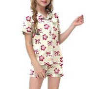 Generico Bambina Pigiama Set,Pigiama per Set in Tinta Unita e Pantaloncini con Stampa, Due Pezzi Bimbo Natalizio Bambino Abbigliamento Estivo da Notte 7-14 Anni