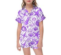 Generico Bambina Pigiama Set Pigiami Due Pezzi in Raso con Bottoni Corto da Ragazza Famiglia Camicie Notte per Top Pantaloni Abiti Abbigliamento Estivo 7-14 Anni