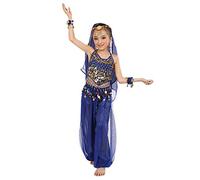 Generico Bambina Principessa Araba Vestito del Ventre con Paillettes Costume Carneval Belly Danza Danzatrice Ventre Abito Top E Pantaloni per Ragazze di Danza Esibizione Bambini (01-Blue, S)