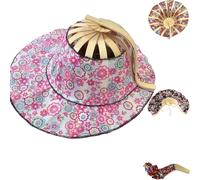 Generico Bamboo Foldable Hand Fan for Sun Hat,Bamboo Folding Fan Hat for Women, 2 in 1 Foldable Sun Hat, Chinese Printed Beach Hats (F)