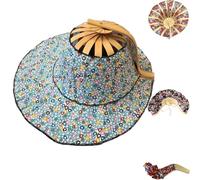 Generico Bamboo Foldable Hand Fan for Sun Hat,Bamboo Folding Fan Hat for Women, 2 in 1 Foldable Sun Hat, Chinese Printed Beach Hats (D)
