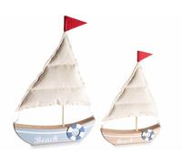 Generico Barchette in Legno e Stoffa con decori in Rilievo e Scritta Beach, Set da 4 Pezzi, Grande: cm 23 x 3 x 35 H, Decorazione per la casa, Idea Regalo