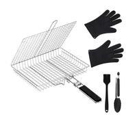 Generico BBQ Grill Basket Set Stainless Steel 32x46.5cm Folding Handle Grilling Basket with Silicone Gloves Oil Brush Food Tongs for Camping Backyard Barbecue