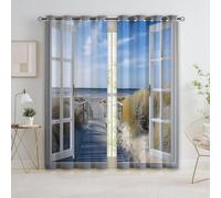 Generico Bedroom Tende oscuranti 117L x 183A cm 2 Pannelli, Finestra In Legno Spiaggia Colline Occhielli Termoisolanti Blu Tende Anti-sbiadimento in Poliestere per la Camera dei Bambini