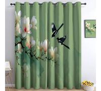 Generico Bedroom Tende oscuranti 140L x 260A cm 2 Pannelli, Arte Cinese Fiori E Rami Gazze Occhielli Termoisolanti Verde Tende Anti-sbiadimento in Poliestere per la Camera dei Bambini