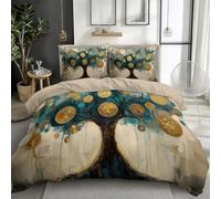 Generico Beige Set Copripiumino 260x240 cm albero dei sogni oro blu Parure Sacco Copri Piumone Cotone Poliestere Reversibile Biancheria da Letto 1 x Copripiumino e 2 x Federe 50x80 cm