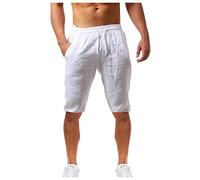 Generico Bermuda Lino Uomo Casual Estivi Pantaloni Corti Mare con Tasche E Coulisse Leggeri Eleganti Pantaloncini Comodo Traspirante Cotone Tinta Unita Shorts Spiaggia Elastico in Vita Baggy Bermuda