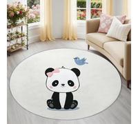 Generico Bianco Grigiastro Panda Uccellino Tappeto Rotondo Salotto 120 cm, Lavabile e Antiscivolo, Cartone Animato Innocente Animale Pelo Corto Morbido per Camera e Studio, Ideale per Famiglie