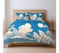 Generico Bianco Natura Nuvole Animali Lupo Luna CopriPiumino Tocco Confortevole Set Di Piumoni Con Cerniera Adatto Ai Giovani 200 x 200cm Set Da Tre Pezzi