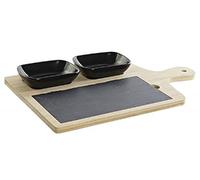 Generico BIBIHOME Set Aperitivo Item International con Vassoio in Bambù e Ardesia e 2 Ciotole in Porcellana Nera | Design Moderno per Snack e Salse | Idea Regalo Elegante per la Tavola
