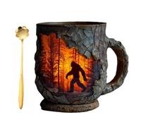 Generico Bigfoot Forest Fire Mug, 3D Relief Vintage Sasquatch Outdoor Coffee Gifts Cup, Rustic Campfire Bushcraft Mug for Cryptid Believers Nature Lovers,Mountain Hiking Camping Lover