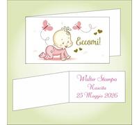 Generico Bigliettino bomboniera bigliettini confetti per Nascita per Bimba, 9 x 2,5 cm, 40 pezzi o più, personalizzabile con vostro testo, con bebè in rosa che gattona, farfalle e cuoricini dorati