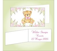 Generico Bigliettino bomboniera bigliettini confetti per Nascita per Bimba, 9 x 2,5 cm, 40 pezzi o più, personalizzabile con vostro testo, con illustrazione di Orsetto rosa