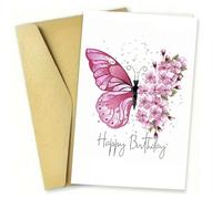 Generico Biglietto di Auguri Compleanno Farfalla Rosa | Elegante con Busta Kraft | Carta Premium