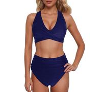 Generico Bikini a Vita Alta da Donna, Sexy, Push-up, Due Pezzi, Costume da Bagno, Due Pezzi, Bikini con Stampa a Vita Alta e Arricciato retrò (Blue, XL)