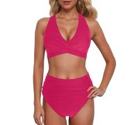 Generico Bikini a Vita Alta da Donna, Sexy, Push-up, Due Pezzi, Costume da Bagno, Due Pezzi, Bikini con Stampa a Vita Alta e Arricciato retrò (Watermelon Red, S)