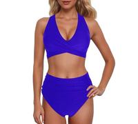 Generico Bikini a Vita Alta da Donna, Sexy, Push-up, Due Pezzi, Costume da Bagno, Due Pezzi, Bikini con Stampa a Vita Alta e Arricciato retrò (Dark Blue, M)