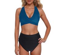 Generico Bikini a Vita Alta da Donna, Sexy, Push-up, Due Pezzi, Costume da Bagno, Due Pezzi, Bikini con Stampa a Vita Alta e Arricciato retrò (Light Blue, XL)