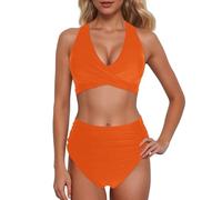 Generico Bikini a Vita Alta da Donna, Sexy, Push-up, Due Pezzi, Costume da Bagno, Due Pezzi, Bikini con Stampa a Vita Alta e Arricciato retrò (Orange, M)