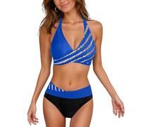 Generico Bikini Donna Due Pezzi Stampati Scollo a V - Costume da Bagno Donna Bikini Slim Fit Elegante, Beachwear Women Affascinante Vacanze Festa in Piscina Sorgenti Termali Blu Reale L