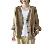 Generico Blazer di Lino da Donna A Maniche Lunghe con Scollo A V Giacca Blazer Leggera Sfoderata Cardigan Casual da Ufficio per Primavera Estate Giacche con Tasche Top Traspiranti Color Cammello L
