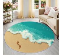 Generico Blu-Marrone Spiaggia Impronte Tappeto Rotondo 150 cm, Antiscivolo e Lavabile, Minimalista Costiero Onde Tappeto Salotto Pelo Corto, Morbido per Camera e Studio, Adatto a Bambini e Animali