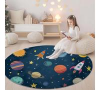 Generico Blu Navy Tappeto Rotondo Lavabile in Lavatrice 160 cm Fumetto Corpi Celesti Modelli Di Razzi, Antiscivolo e Antipelucchi, Tappeto Rotonda per Interni Soggiorno Camera da Letto