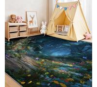 Generico Blu Scuro Tappeto 60 x 90 cm per Soggiorno e Camera da Letto, Illustrazione Sogno Foresta Morbido a Pelo Corto - Antiscivolo e Ideale per Salotto Ufficio e Cameretta Fiaba Onirica Cameretta