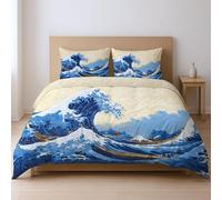 Generico Blu Stile Ukiyo-E Onde Dell'Oceano Barca Di Legno CopriPiumino Microfibra Set Di Piumoni Con Cerniera Adatto Ai Giovani 200 x 200cm Set Da Tre Pezzi