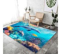 Generico Blu Tappeto Moderno Morbido 100x150 cm - Motivo Sotto Il Mare Delfini Pesci Coralli, Tappeti Camera da Letto Antiscivolo Tappeto Soggiorno Lavabile Tappeti Pelo Corto Grandi Dimensioni