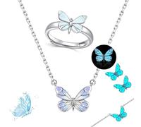 Generico Blue Luminous Butterfly Collection Set, Adjustable Glowing Necklace & Bracelet, Dainty Butterfly Pendant, for Daily Wear/Evening Events/Anniversary (G)