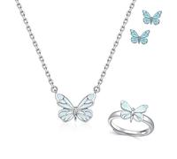 Generico Blue Luminous Butterfly Necklace, Silver Butterfly Bracelet Ring for Women, Adjustable Luminous Butterflys Collection Jewelry Set for Lover Friend (2pcs-b)