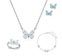 Generico Blue Luminous Butterfly Necklace, Silver Butterfly Bracelet Ring for Women, Adjustable Luminous Butterflys Collection Jewelry Set for Lover Friend (3pcs)