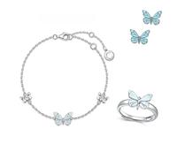 Generico Blue Luminous Butterfly Necklace, Silver Butterfly Bracelet Ring for Women, Adjustable Luminous Butterflys Collection Jewelry Set for Lover Friend (2pcs-c)