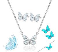 Generico Blue Luminous Butterfly Pendant Bracelet & Necklace Set for Women, Adjustable Elegant Dainty Cute Butterfly Pendant for Daily Wear (C)