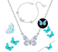 Generico Blue Luminous Butterfly Pendant Bracelet & Necklace Set for Women, Adjustable Elegant Dainty Cute Butterfly Pendant for Daily Wear (F)
