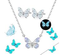 Generico Blue Luminous Butterfly Pendant Bracelet & Necklace Set for Women, Adjustable Elegant Dainty Cute Butterfly Pendant for Daily Wear (H)