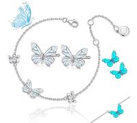 Generico Blue Luminous Butterfly Pendant Bracelet & Necklace Set for Women, Adjustable Elegant Dainty Cute Butterfly Pendant for Daily Wear (E)