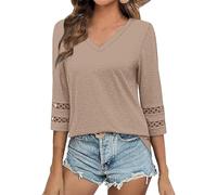 Generico Blusa Donna a Maniche 3/4 Leggere, Tuniche Trendy con Collo a V Seduente, Maglie Casual-Eleganti per Ufficio, Incontri e Tempo Libero, Abiti per Estate(Khaki, L)