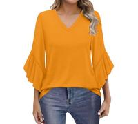 Generico Blusa Donna Casual Maniche 3/4 Top Collo V T-Shirt Camicia con Maniche a Vola Collo Falso Maniche Lunghe(1C-Orange, L)