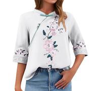 Generico Blusa Donna Estiva Eleganti Top Elegante Cerimonia Top Estivo da Donna in Cotone E Pizzo Cinese con Colletto Inclinato,Bottoni in Stile retrò Ricamati A Sette Bottoni Maglia Elegante
