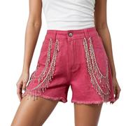 Generico Boardshorts Donna Eleganti Pantaloncini Denim Donna con Frange E Dettagli Catena Strass per Estivo Vestiti Sportivi Pantaloni Corti Oversize Abbigliamento Estivo (Watermelon Red, S)