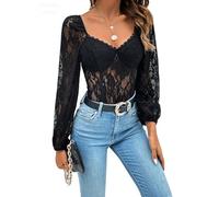 Generico Body sexy in pizzo trasparente per donna scollo a V maniche lunghe schiena scoperta body alla moda
