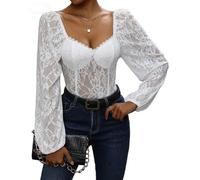 Generico Body sexy in pizzo trasparente per donna scollo a V maniche lunghe schiena scoperta body alla moda