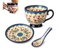 Generico Bohemian Ceramic Coffee Mug Set with Lid Spoon,Polish Style Large Vintage Floral Breakfast Cup Set,Microwave Dishwasher Safe Cappuccino Mug,for Office Home Decor Gift