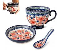 Generico Bohemian Ceramic Coffee Mug Set with Lid Spoon,Polish Style Large Vintage Floral Breakfast Cup Set,Microwave Dishwasher Safe Cappuccino Mug,for Office Home Decor Gift